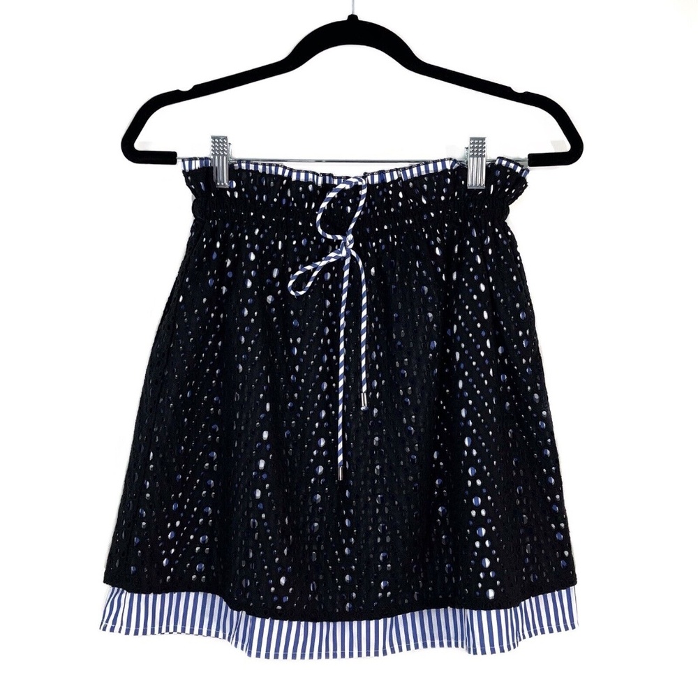 Zara Basic Womens Size XS Black Eyelet Overlay Striped Paperbag Waist Mini Skirt